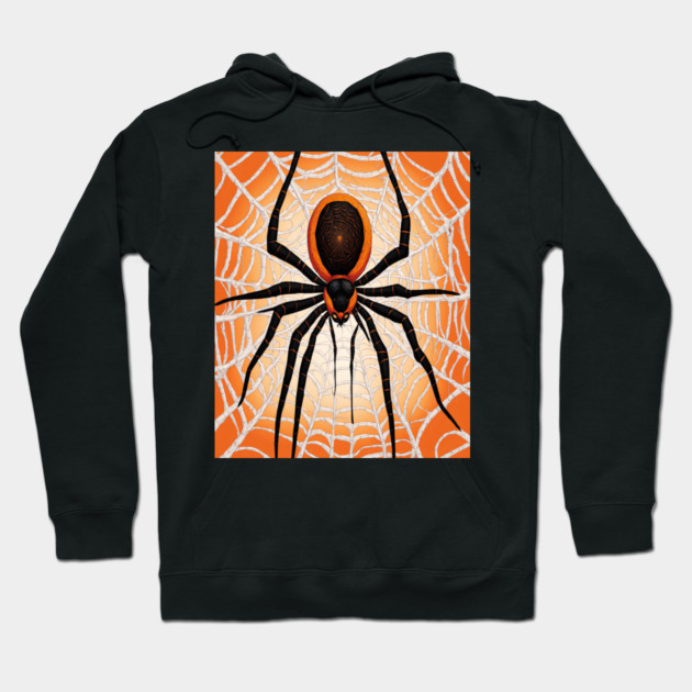Creepy Halloween Orange and Black Spider on Web Hoodie by BirdsnStuff