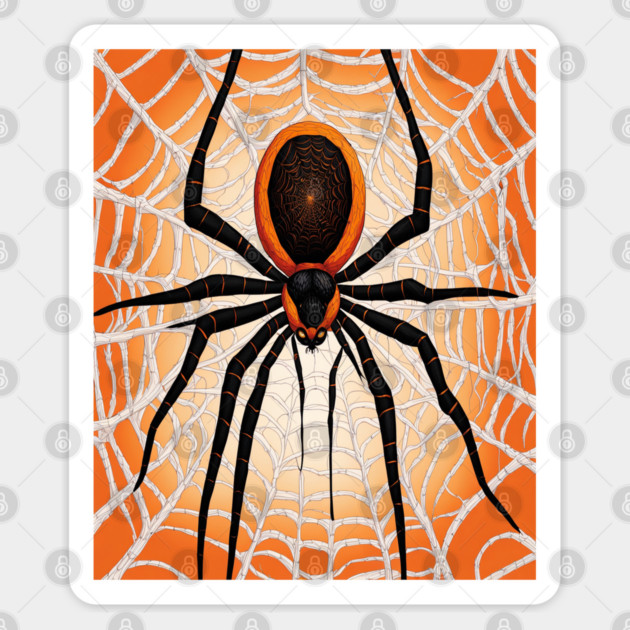Creepy Halloween Orange and Black Spider on Web Sticker by BirdsnStuff