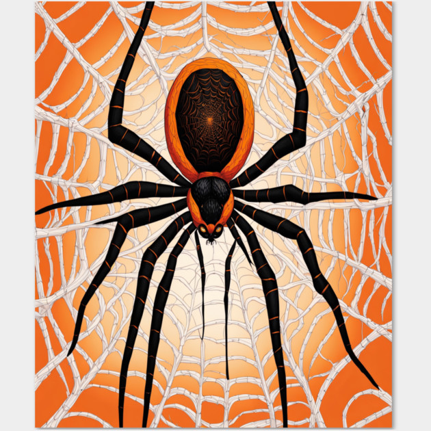 Creepy Halloween Orange and Black Spider on Web Wall Art by BirdsnStuff
