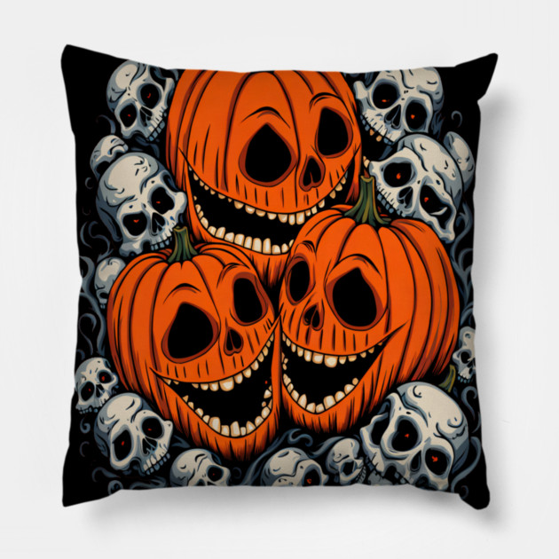 Scary Orange Pumpkin and Skulls and Halloween Fall Colors Pillow by BirdsnStuff
