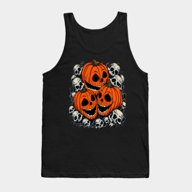 Scary Orange Pumpkin and Skulls and Halloween Fall Colors Tank Top by BirdsnStuff