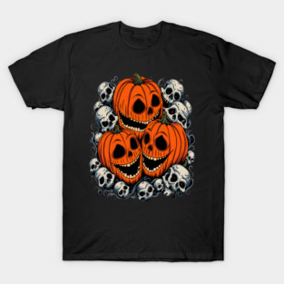 Scary Orange Pumpkin and Skulls and Halloween Fall Colors T-Shirt