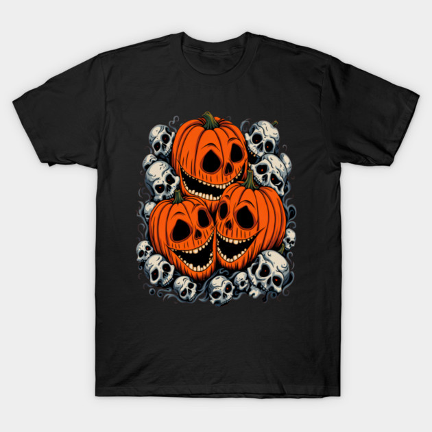 Scary Orange Pumpkin and Skulls and Halloween Fall Colors T-Shirt by BirdsnStuff