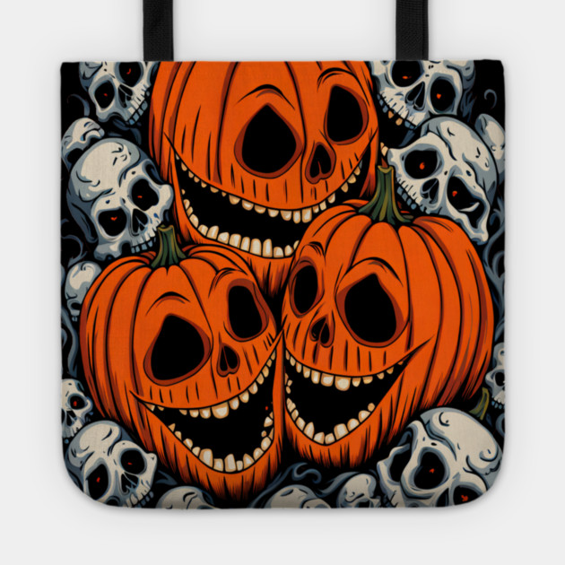 Scary Orange Pumpkin and Skulls and Halloween Fall Colors Tote by BirdsnStuff