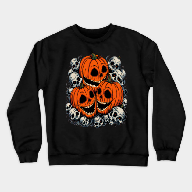 Scary Orange Pumpkin and Skulls and Halloween Fall Colors Crewneck Sweatshirt by BirdsnStuff