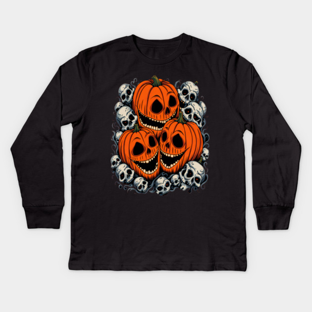 Scary Orange Pumpkin and Skulls and Halloween Fall Colors Kids Long Sleeve T-Shirt by BirdsnStuff