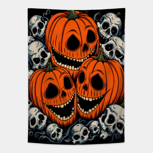Scary Orange Pumpkin and Skulls and Halloween Fall Colors Tapestry by BirdsnStuff