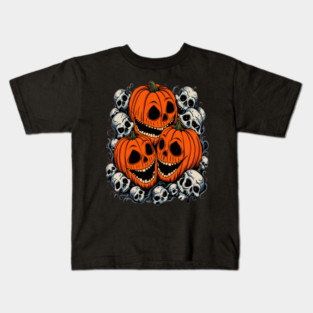 Scary Orange Pumpkin and Skulls and Halloween Fall Colors Kids T-Shirt
