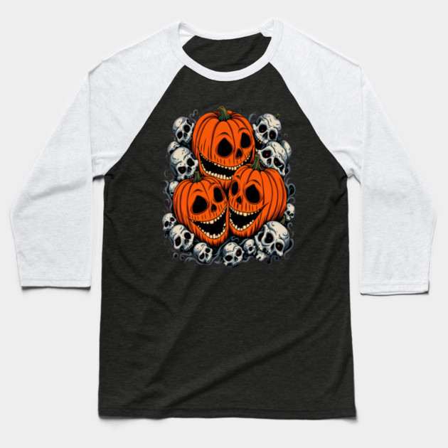 Scary Orange Pumpkin and Skulls and Halloween Fall Colors Baseball T-Shirt by BirdsnStuff