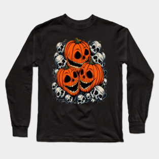 Scary Orange Pumpkin and Skulls and Halloween Fall Colors Long Sleeve T-Shirt