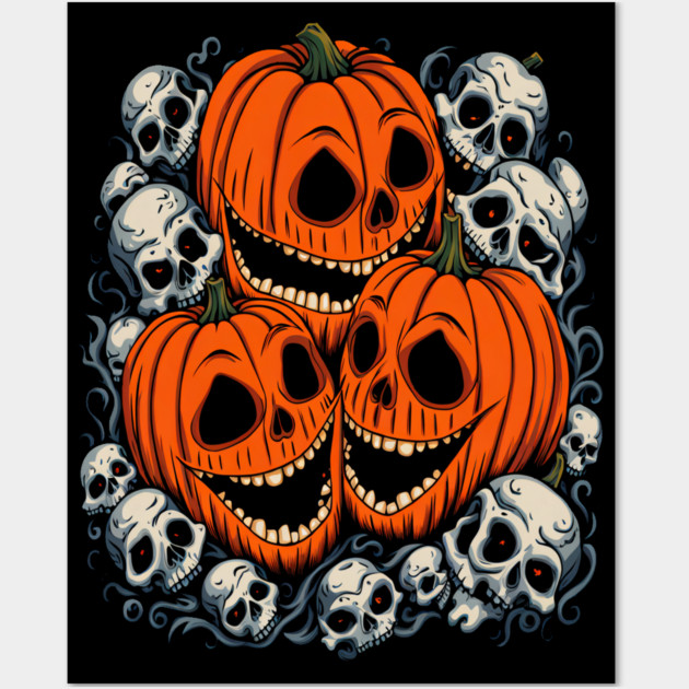 Scary Orange Pumpkin and Skulls and Halloween Fall Colors Wall Art by BirdsnStuff