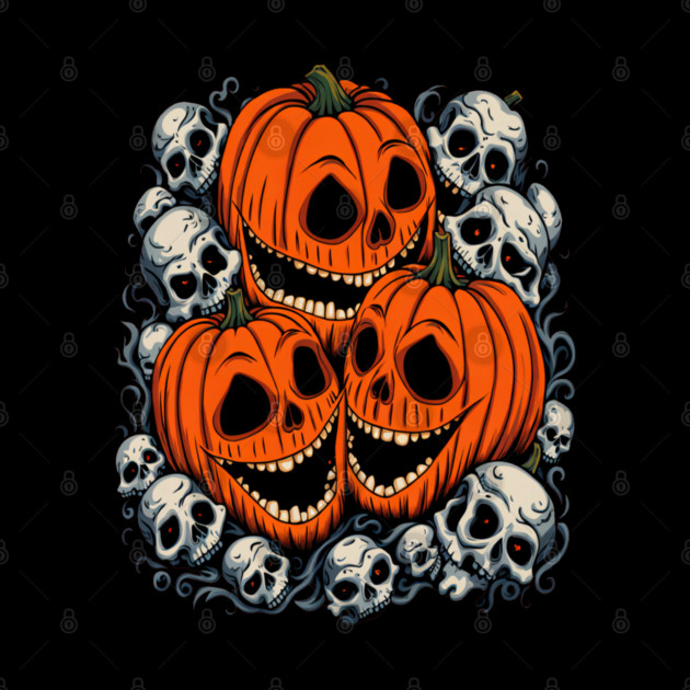 Scary Orange Pumpkin and Skulls and Halloween Fall Colors by BirdsnStuff