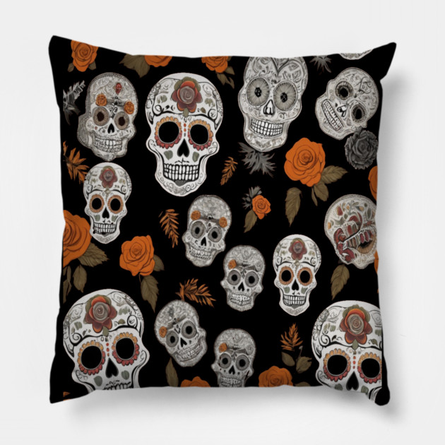 Halloween Sugar Skull and Festive Skull Pattern Pillow by BirdsnStuff