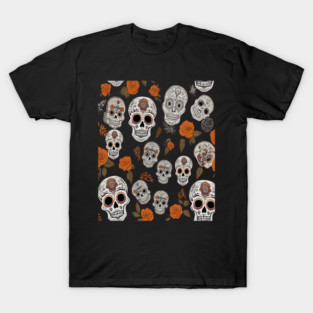 Halloween Sugar Skull and Festive Skull Pattern T-Shirt