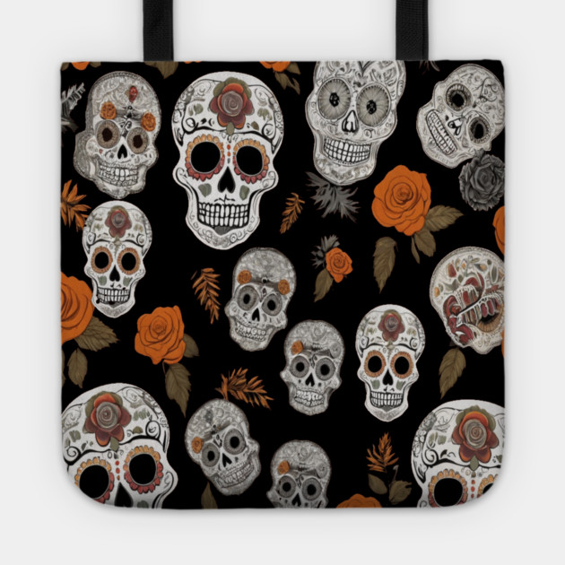 Halloween Sugar Skull and Festive Skull Pattern Tote by BirdsnStuff