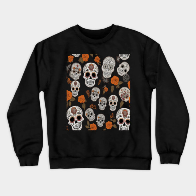 Halloween Sugar Skull and Festive Skull Pattern Crewneck Sweatshirt by BirdsnStuff