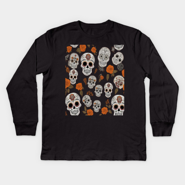 Halloween Sugar Skull and Festive Skull Pattern Kids Long Sleeve T-Shirt by BirdsnStuff
