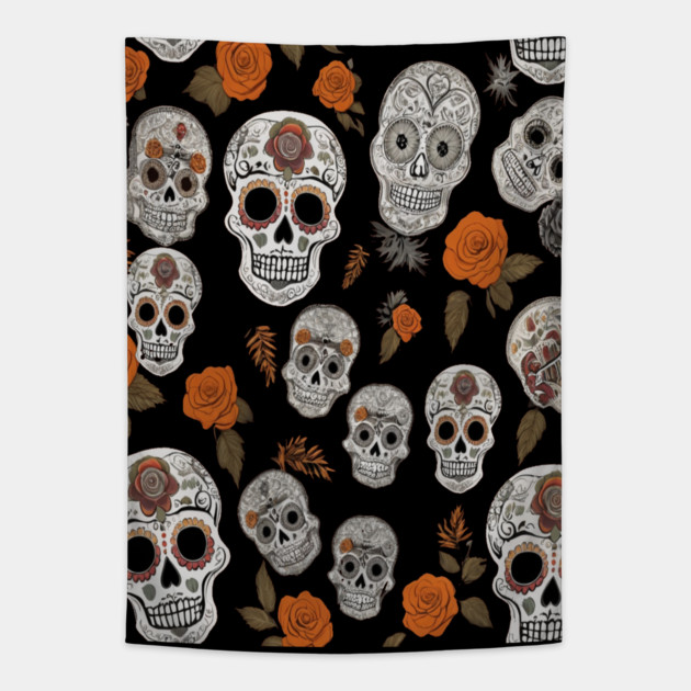 Halloween Sugar Skull and Festive Skull Pattern Tapestry by BirdsnStuff