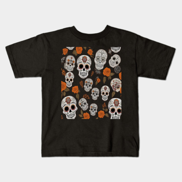 Halloween Sugar Skull and Festive Skull Pattern Kids T-Shirt by BirdsnStuff