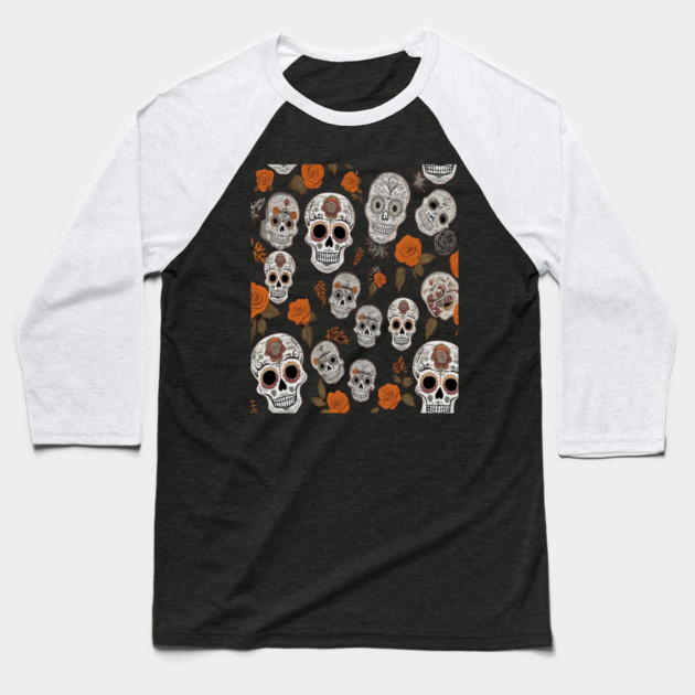Halloween Sugar Skull and Festive Skull Pattern Baseball T-Shirt by BirdsnStuff
