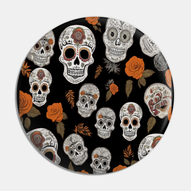Halloween Sugar Skull and Festive Skull Pattern Pin by BirdsnStuff