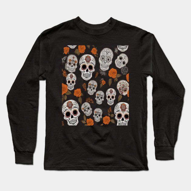 Halloween Sugar Skull and Festive Skull Pattern Long Sleeve T-Shirt by BirdsnStuff