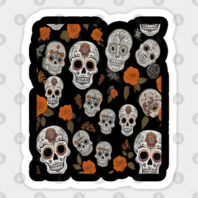Halloween Sugar Skull and Festive Skull Pattern Sticker by BirdsnStuff