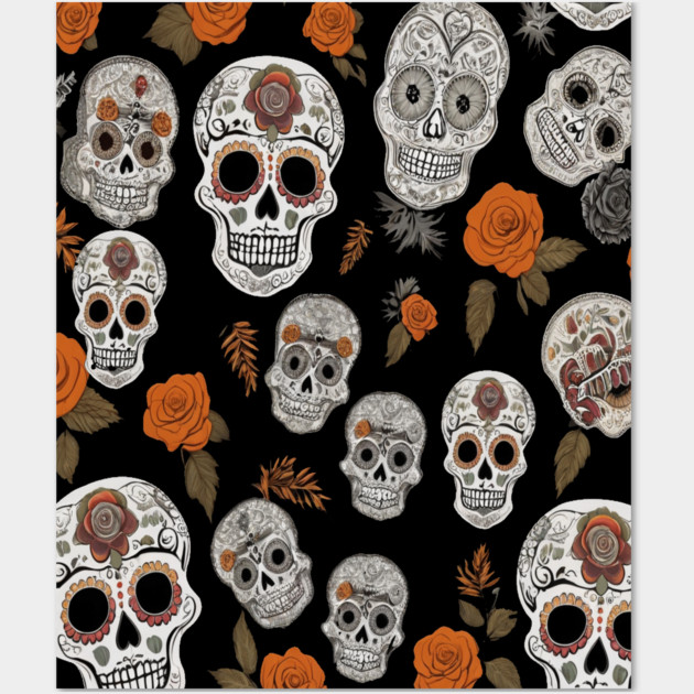Halloween Sugar Skull and Festive Skull Pattern Wall Art by BirdsnStuff