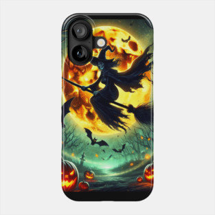 Halloween Witch on Broomstick Full Orange Moon, Bats Phone Case