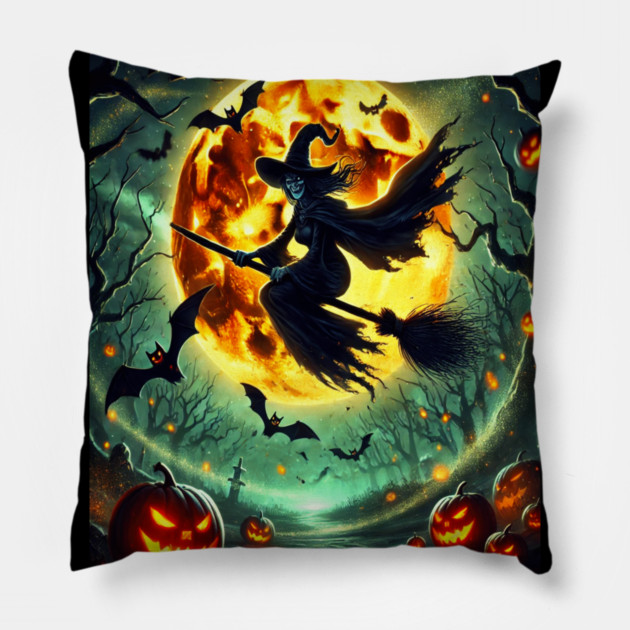 Halloween Witch on Broomstick Full Orange Moon, Bats Pillow by BirdsnStuff