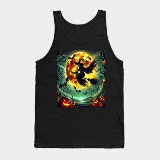 Halloween Witch on Broomstick Full Orange Moon, Bats Tank Top