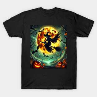 Halloween Witch on Broomstick Full Orange Moon, Bats T-Shirt