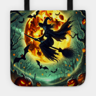 Halloween Witch on Broomstick Full Orange Moon, Bats Tote