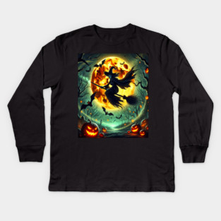 Halloween Witch on Broomstick Full Orange Moon, Bats Kids Long Sleeve T-Shirt