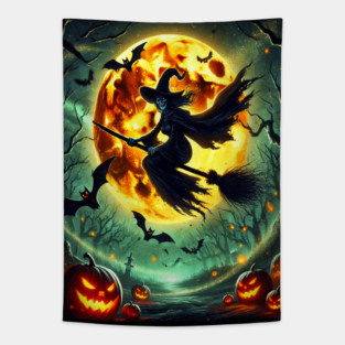 Halloween Witch on Broomstick Full Orange Moon, Bats Tapestry