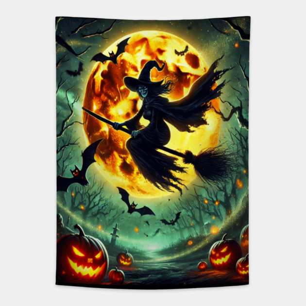 Halloween Witch on Broomstick Full Orange Moon, Bats Tapestry by BirdsnStuff