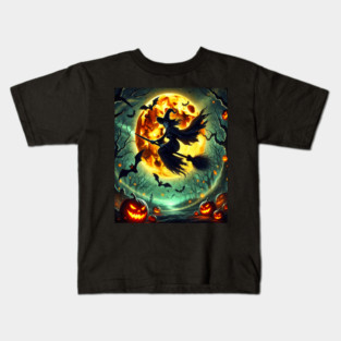 Halloween Witch on Broomstick Full Orange Moon, Bats Kids T-Shirt