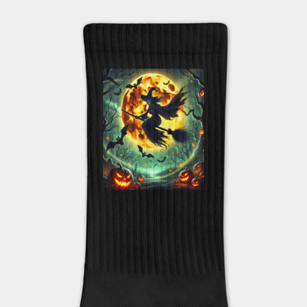 Halloween Witch on Broomstick Full Orange Moon, Bats by BirdsnStuff