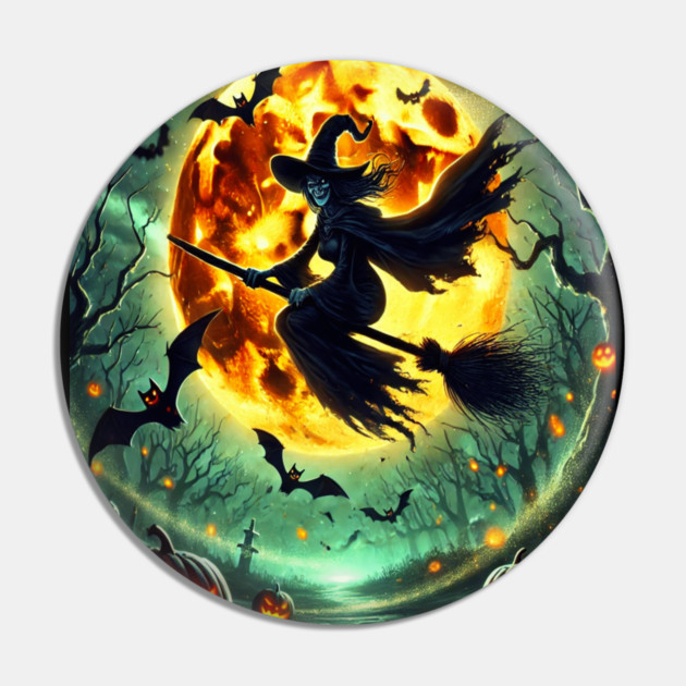 Halloween Witch on Broomstick Full Orange Moon, Bats Pin by BirdsnStuff