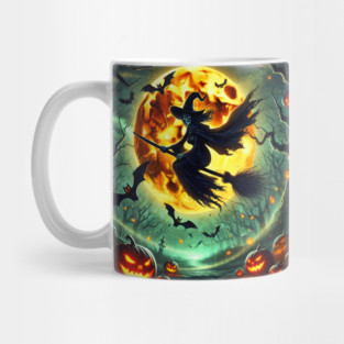 Halloween Witch on Broomstick Full Orange Moon, Bats Mug