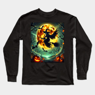Halloween Witch on Broomstick Full Orange Moon, Bats Long Sleeve T-Shirt