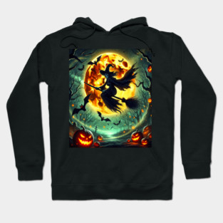 Halloween Witch on Broomstick Full Orange Moon, Bats Hoodie