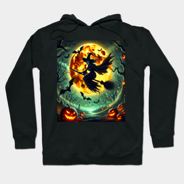 Halloween Witch on Broomstick Full Orange Moon, Bats Hoodie by BirdsnStuff