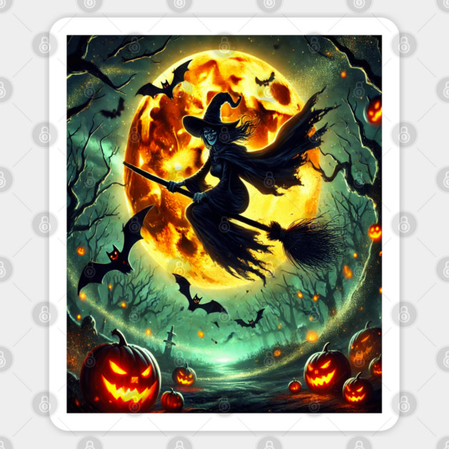 Halloween Witch on Broomstick Full Orange Moon, Bats Sticker by BirdsnStuff