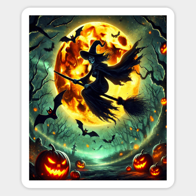 Halloween Witch on Broomstick Full Orange Moon, Bats Magnet by BirdsnStuff