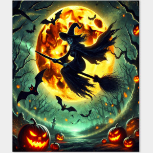 Halloween Witch on Broomstick Full Orange Moon, Bats Posters and Art