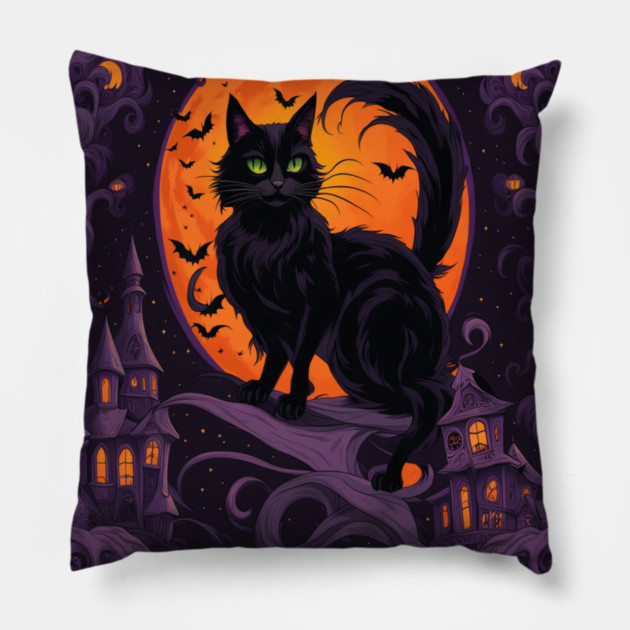 Haunted House Halloween Black Cat Pillow by BirdsnStuff