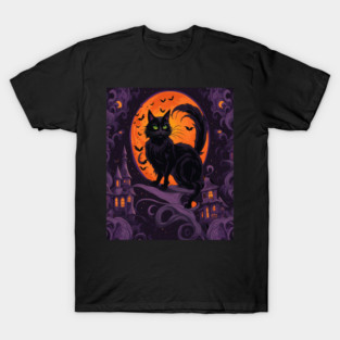 Haunted House Halloween Black Cat T-Shirt
