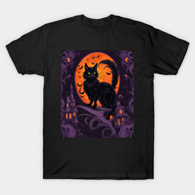 Haunted House Halloween Black Cat T-Shirt by BirdsnStuff