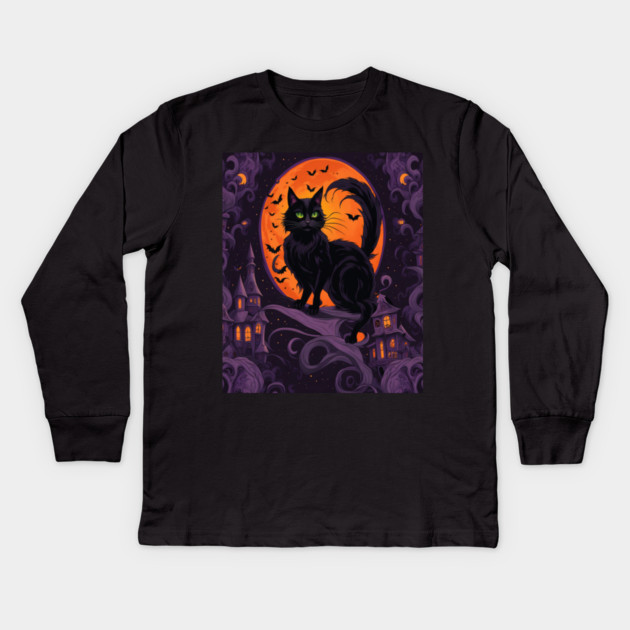 Haunted House Halloween Black Cat Kids Long Sleeve T-Shirt by BirdsnStuff